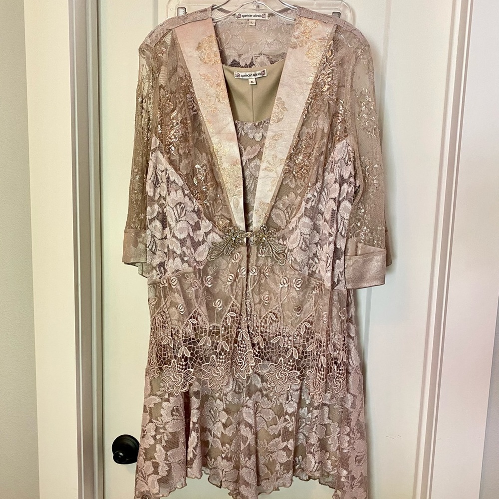 Spencer Alexis Three-Piece Formal Lace Suit, Beige/Gold, Size L/XL